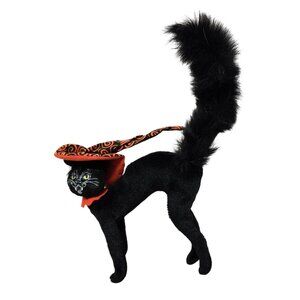14" Annalee Halloween Black Cat Figurine With Orange Witch Hat & Fluffy Tail